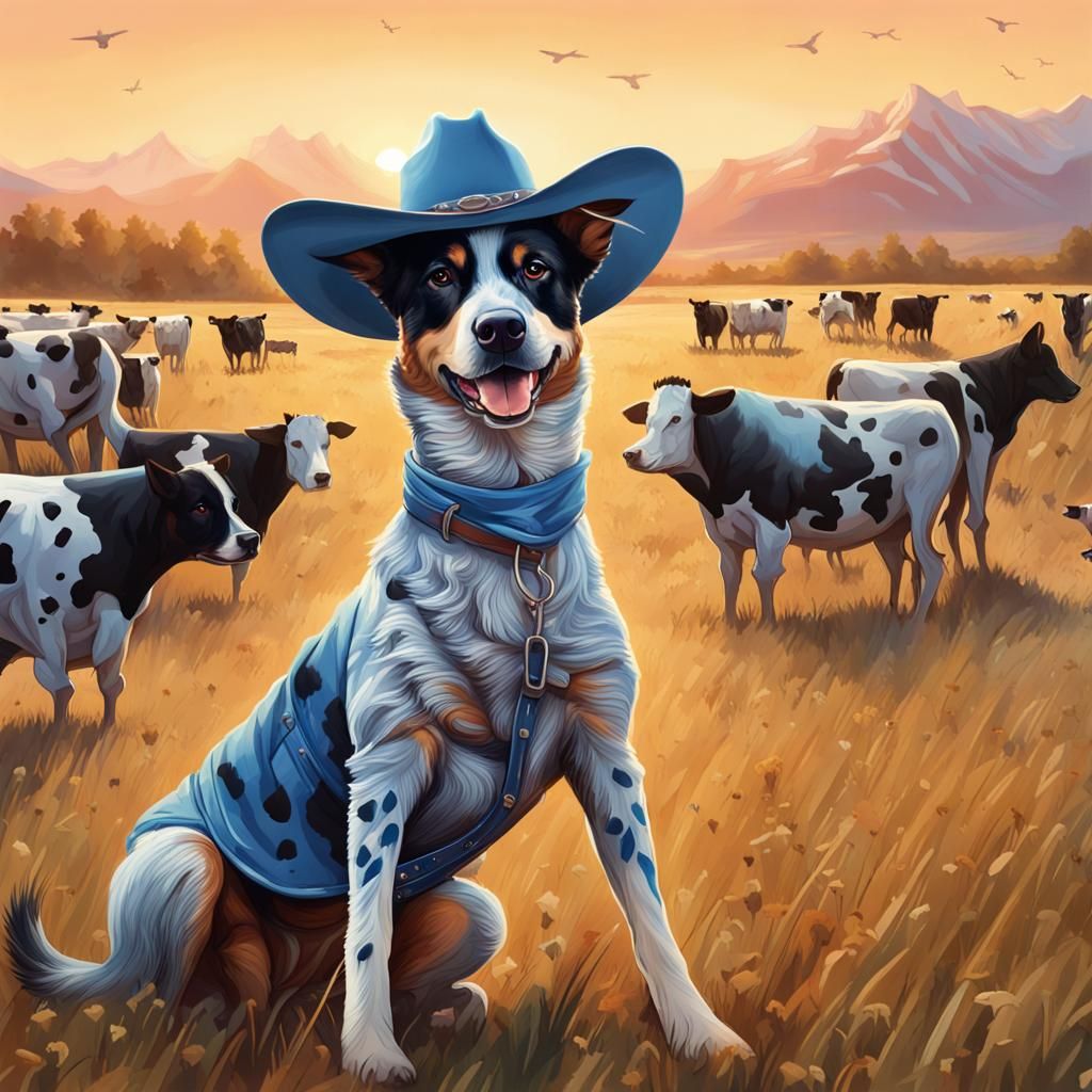 Blue Heeler Cowboy Dog in a Field of Cows