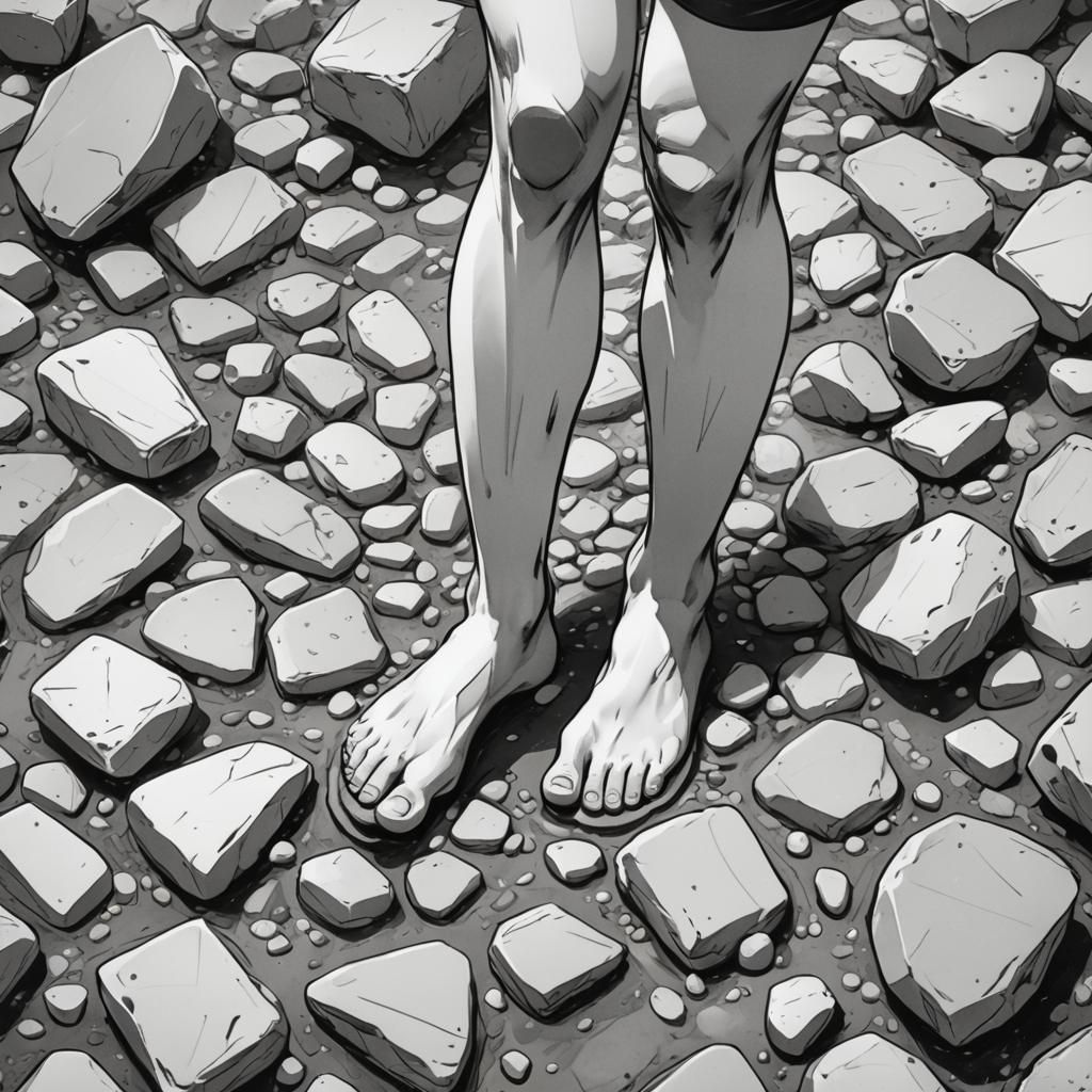 Foot Stepping on Stones: Black and White Pencil Sketch