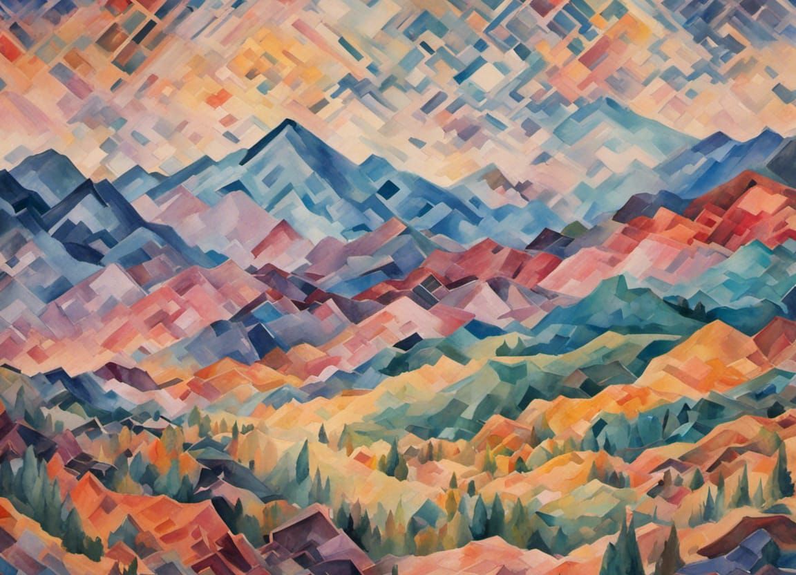 Geometric Mountain Landscape in Gouache Watercolor Style