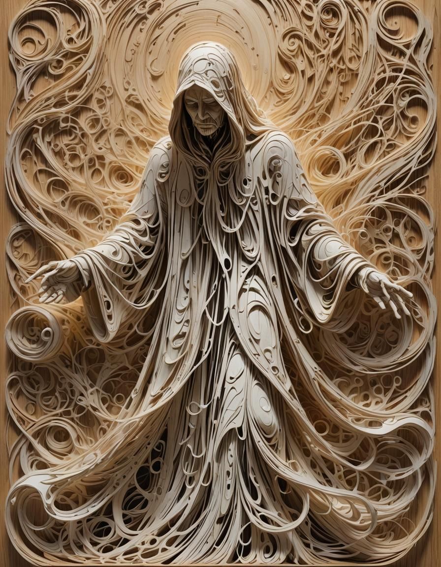 Ethereal Scribble Figure on Woodblock Background