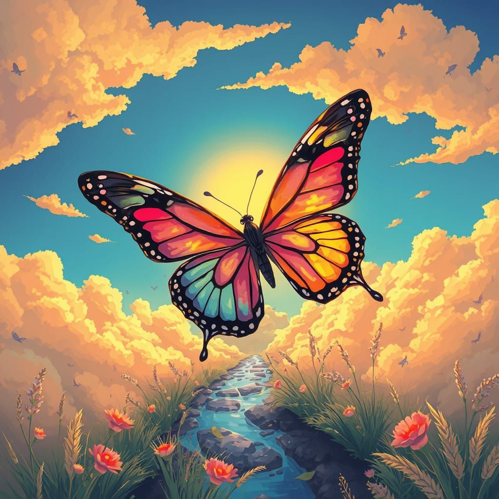 Surreal Butterfly's Journey in Anime-Inspired Style