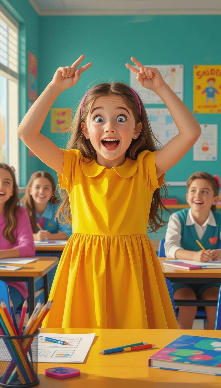 Girl Making Silly Face in Colorful Classroom