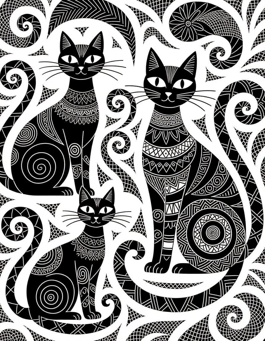 Abstract Cats and Swirling Lines in Black and White