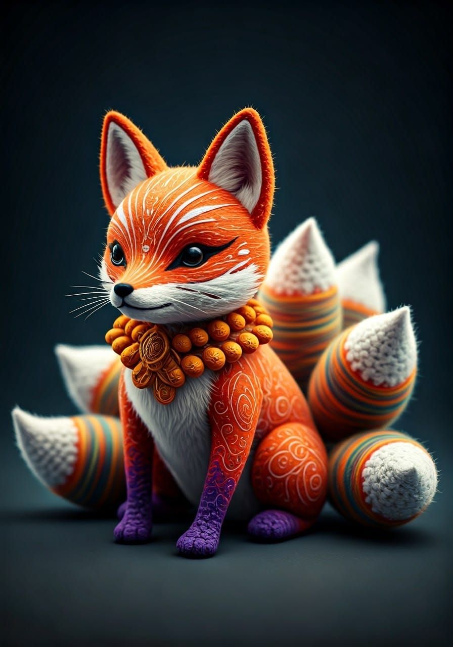 Colorful Wool Kitsune: 3D Thread Art Sculpture