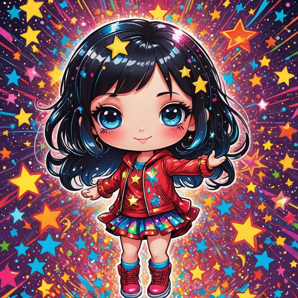 Chibi Rockstar Girl in Vibrant Lisa Frank Style
