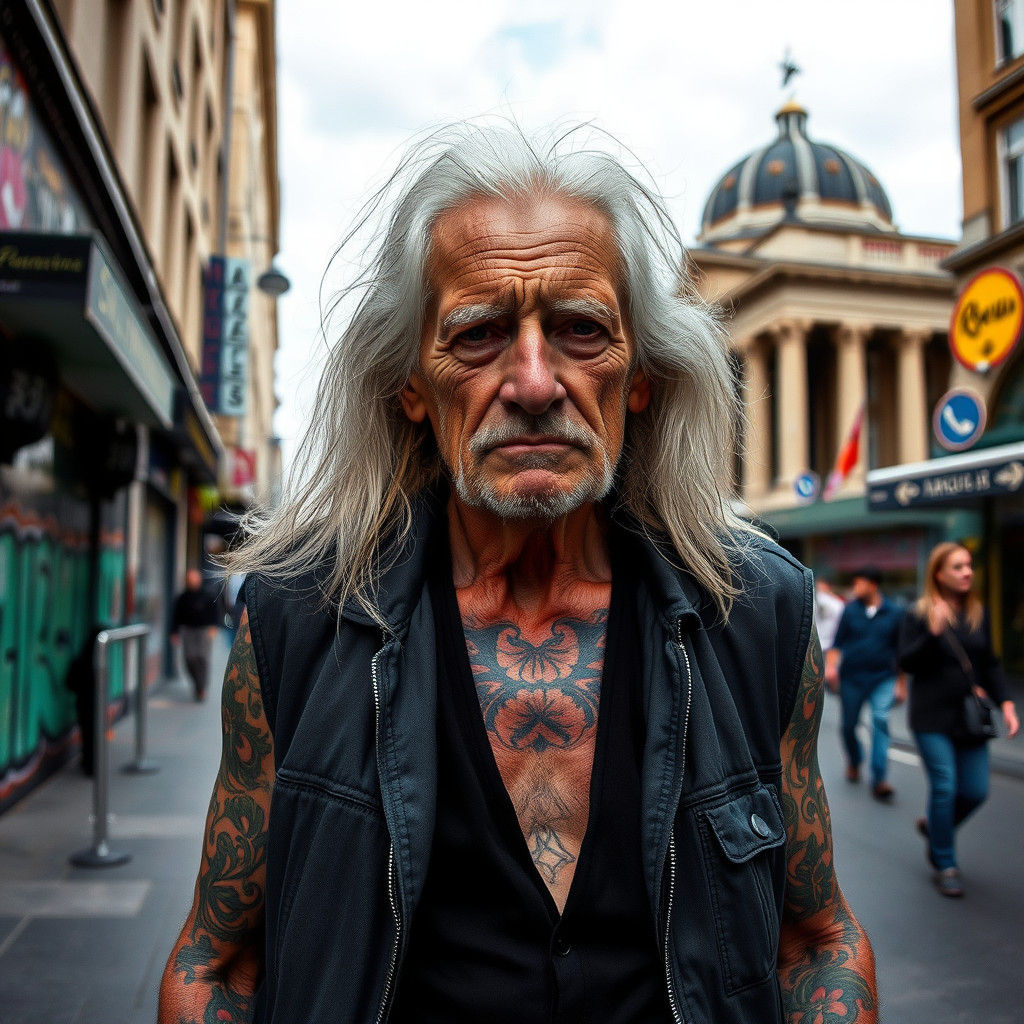 Elderly Tattooed Man in Berlin, Expressive Art Style