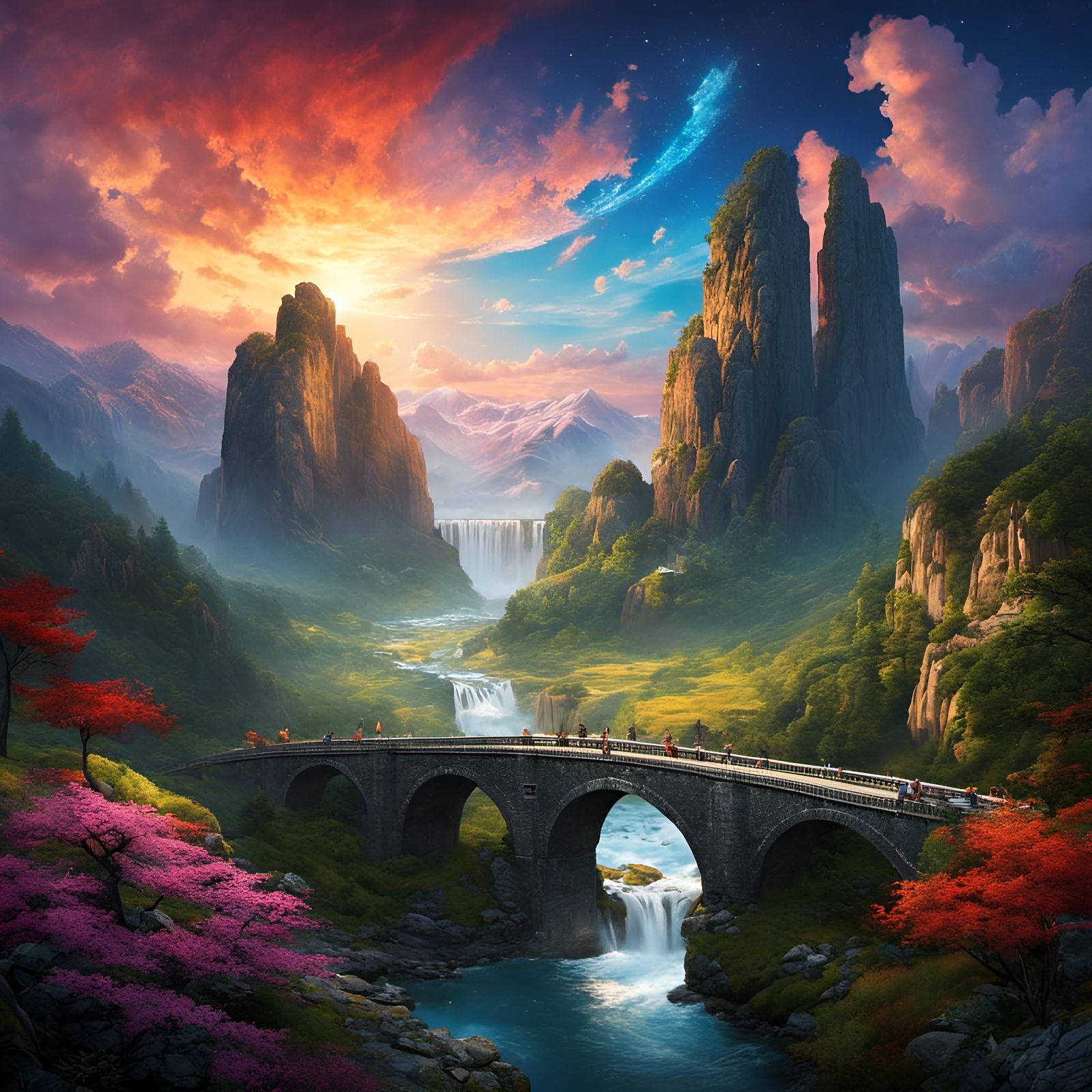 Historic Stone Arch Bridge Over Bioluminescent Valley