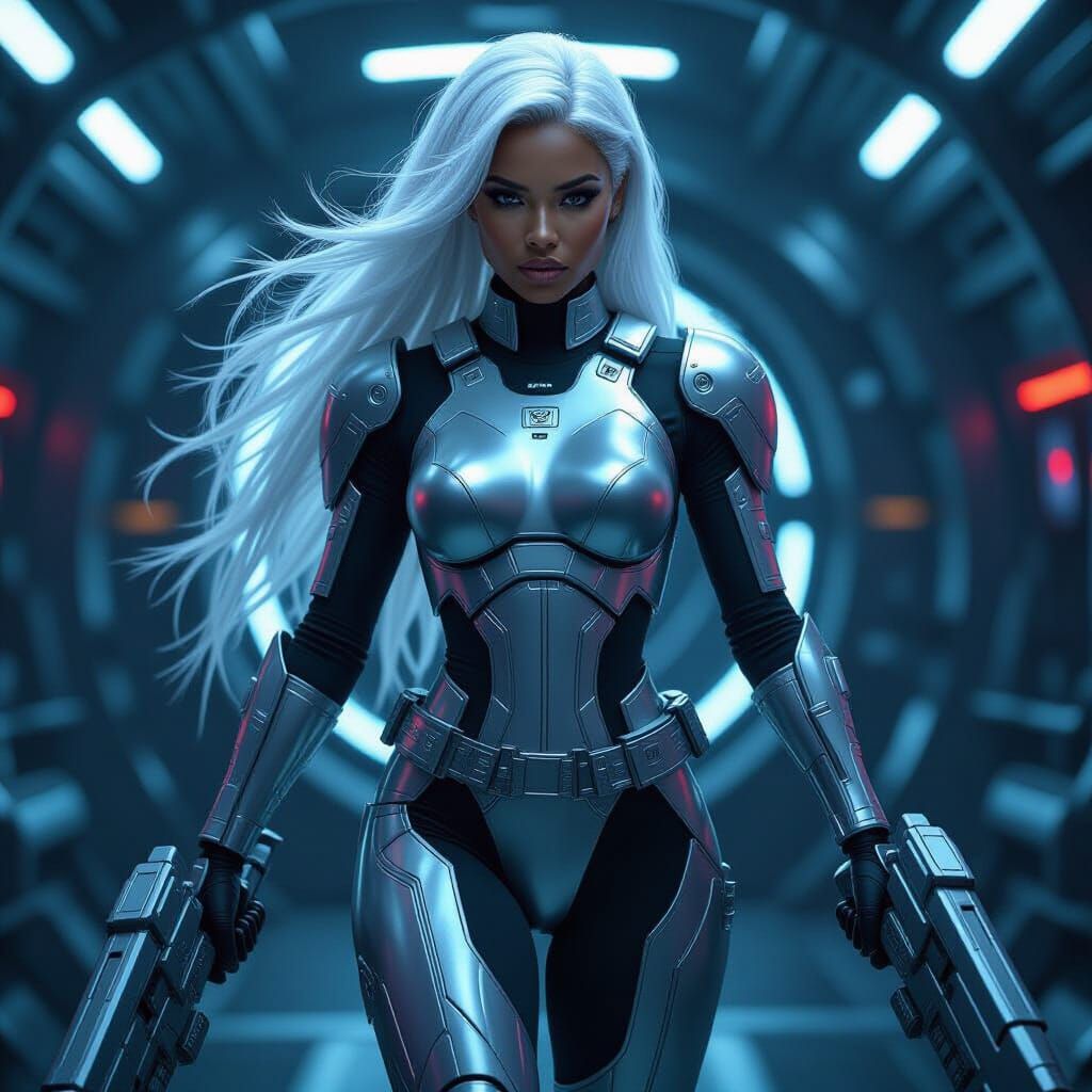 Futuristic Cyberpunk Warrior in Spaceship Battle