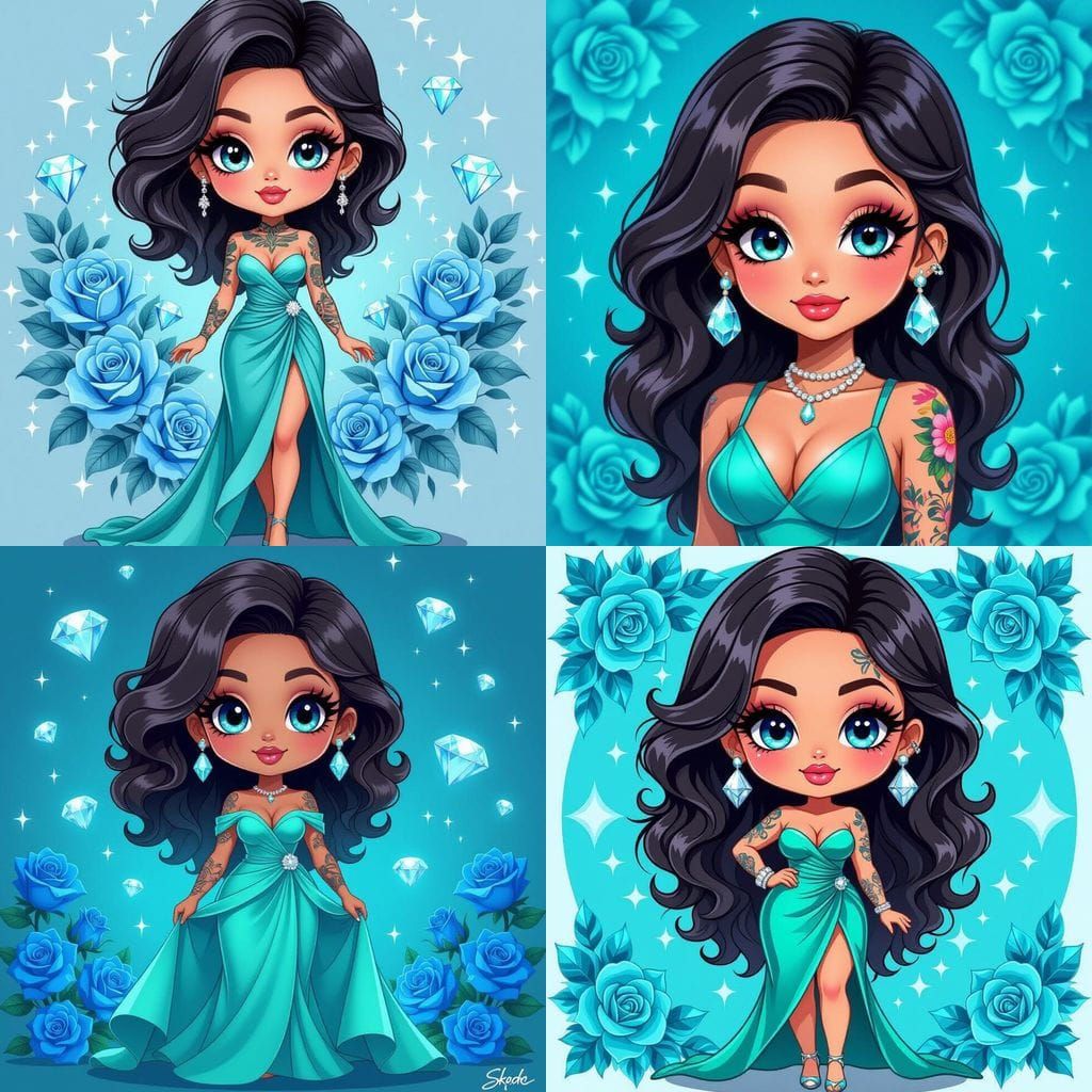 Chibi Cartoon Woman With Blue Roses and Teal Diamonds