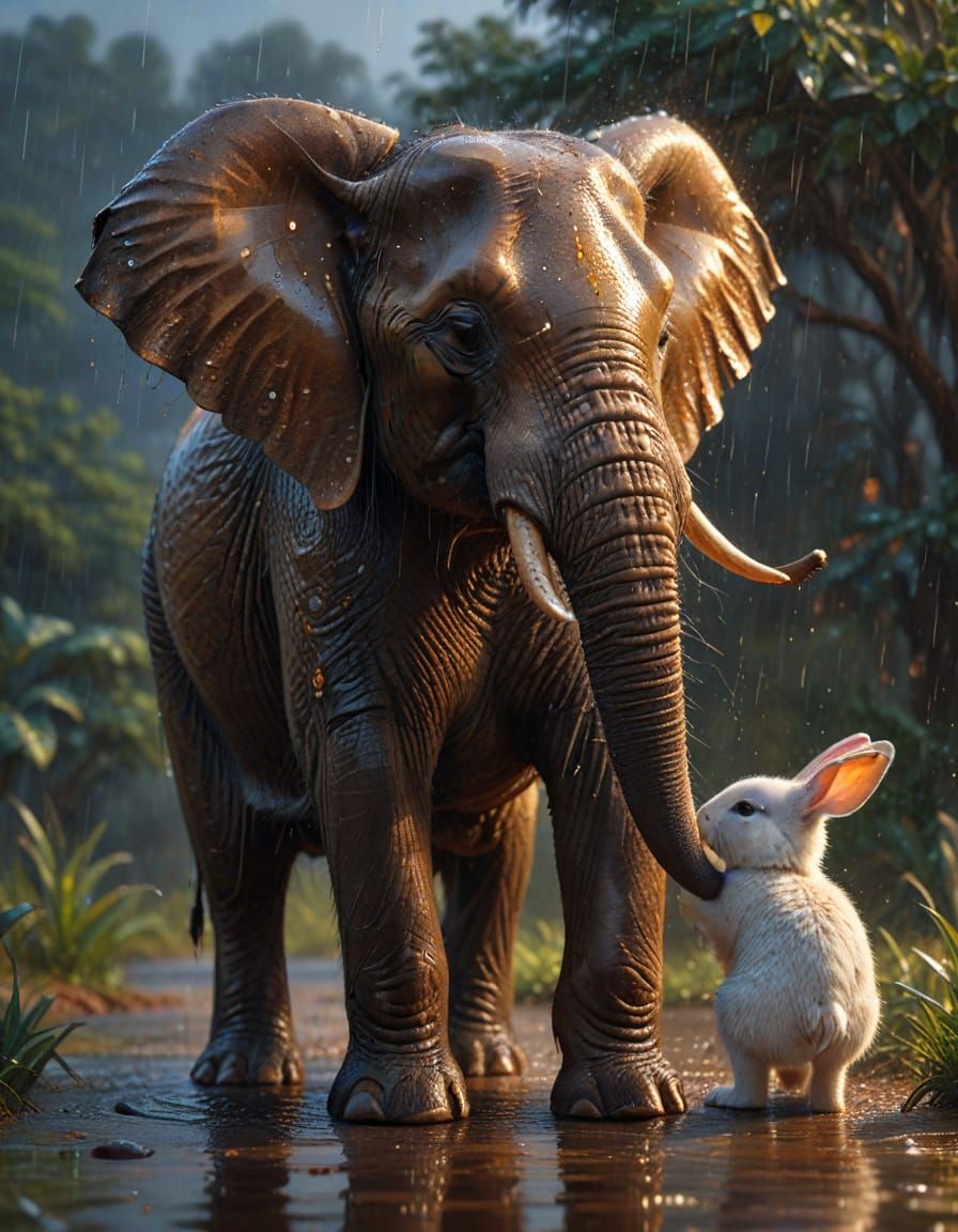 Elephant Shelters Rabbit in Vibrant Oil Painting Style