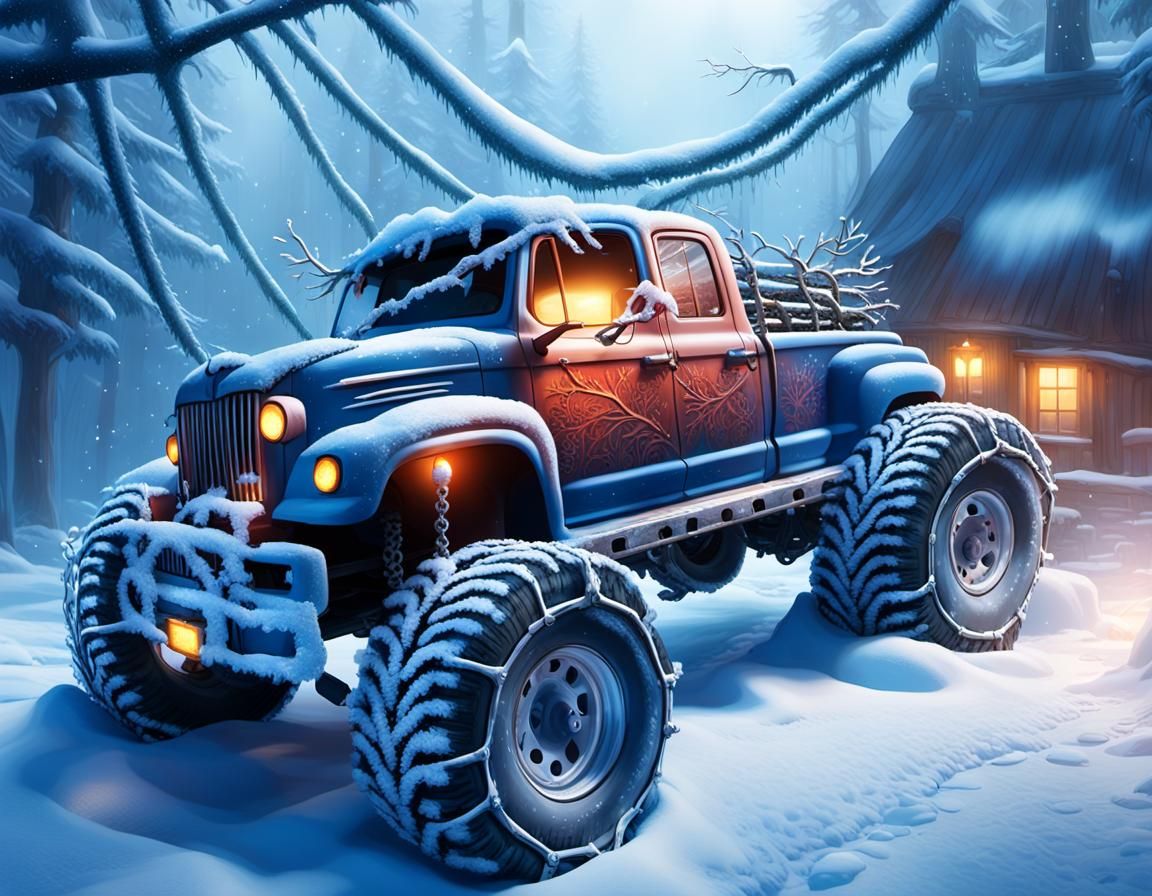 Winter Pickup Truck Driving Through Snowy Forest