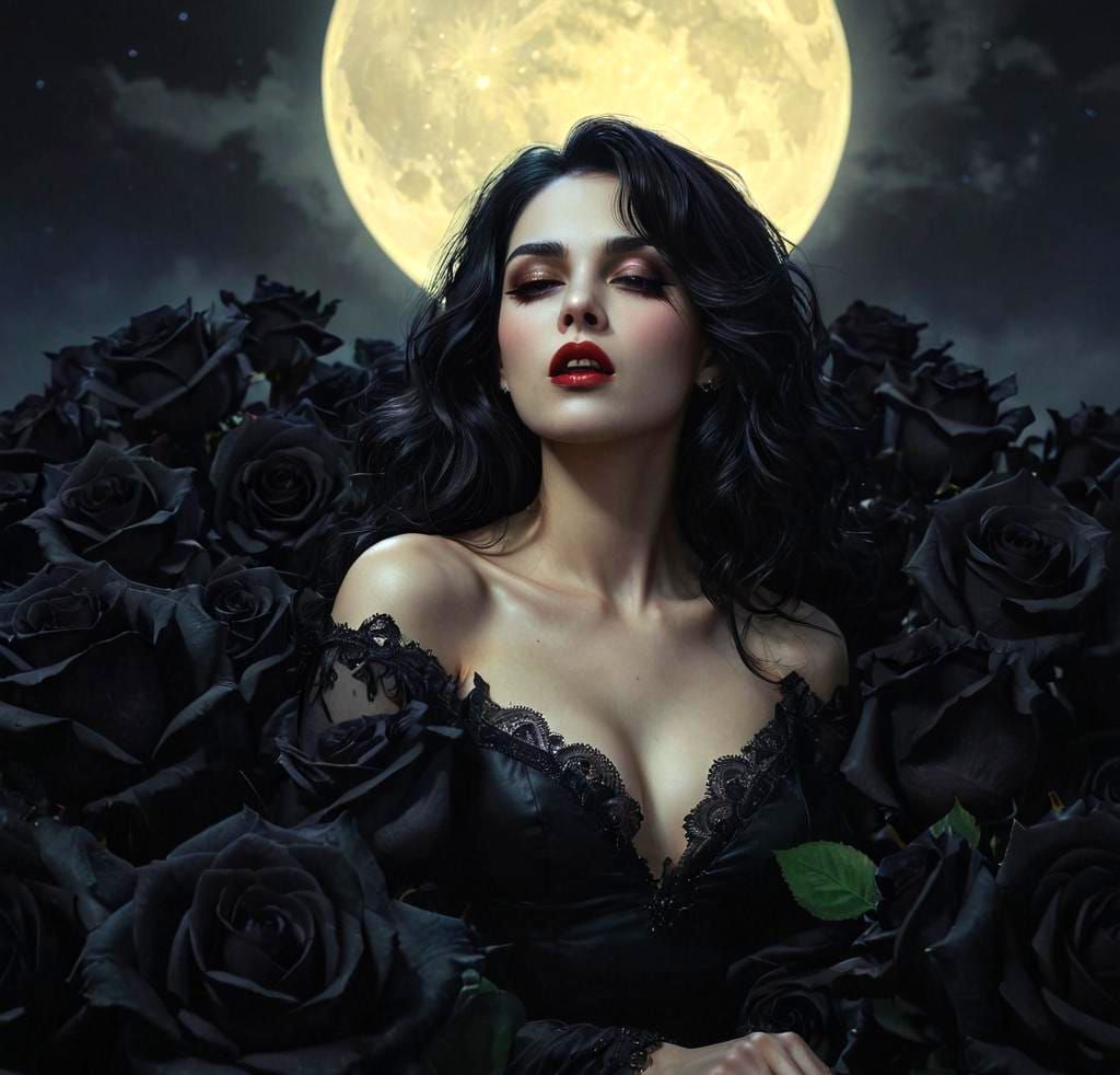 Vampiress in Moonlight with Black Roses: Hyperrealistic Art
