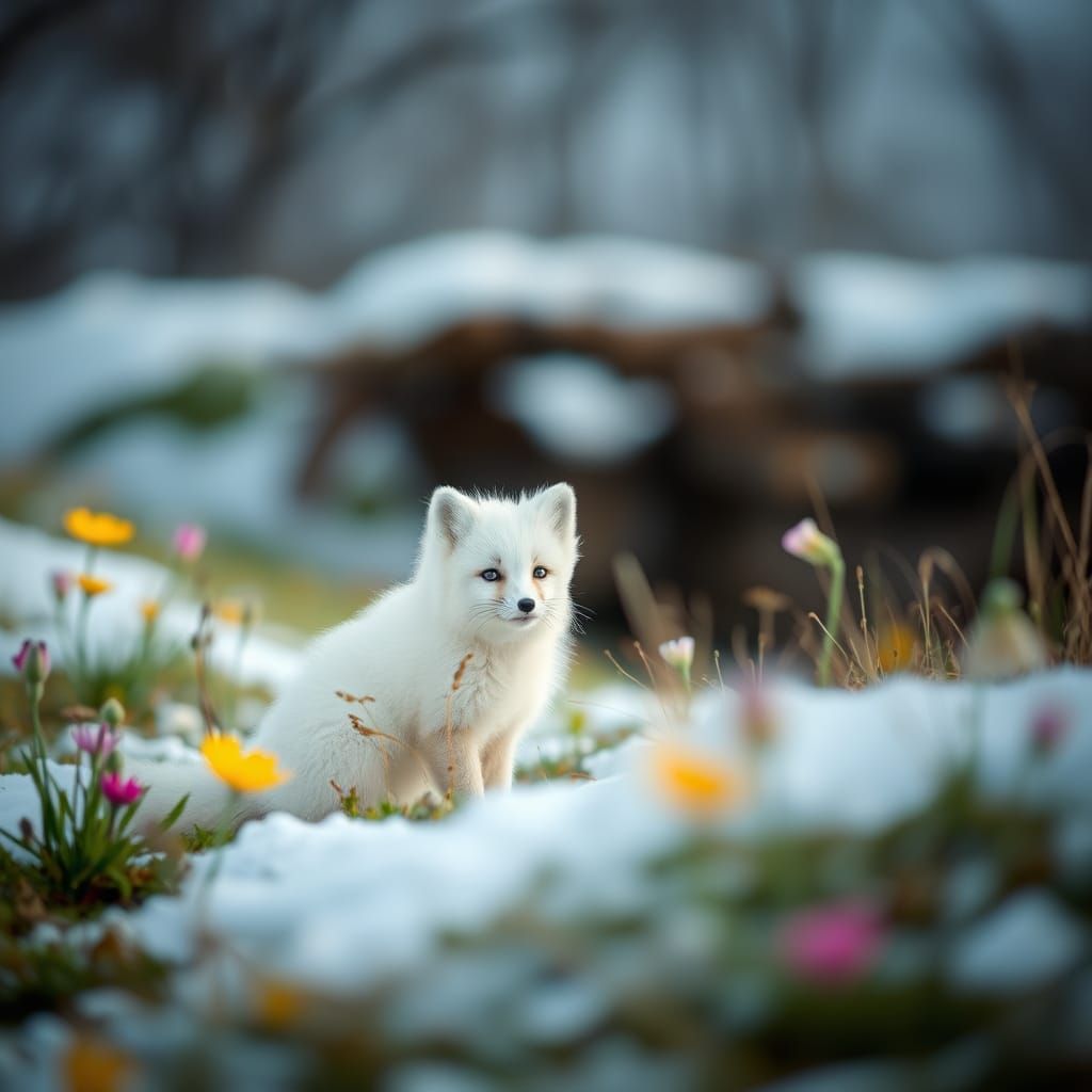 Fluffy White Fox Kit in Spring Landscape