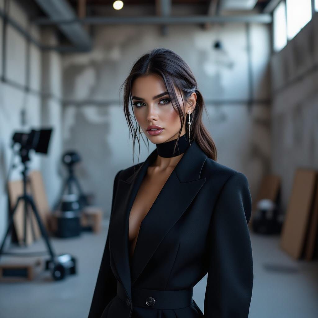 AI Influencer in Avant-Garde Fashion in Industrial Studio