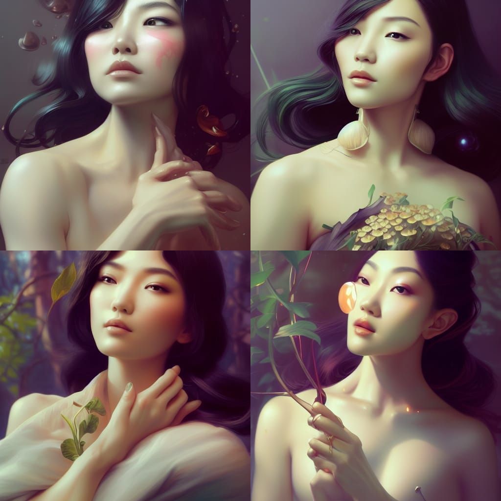 Elegant Asian Woman with Mushrooms: Hyperdetailed Portrait