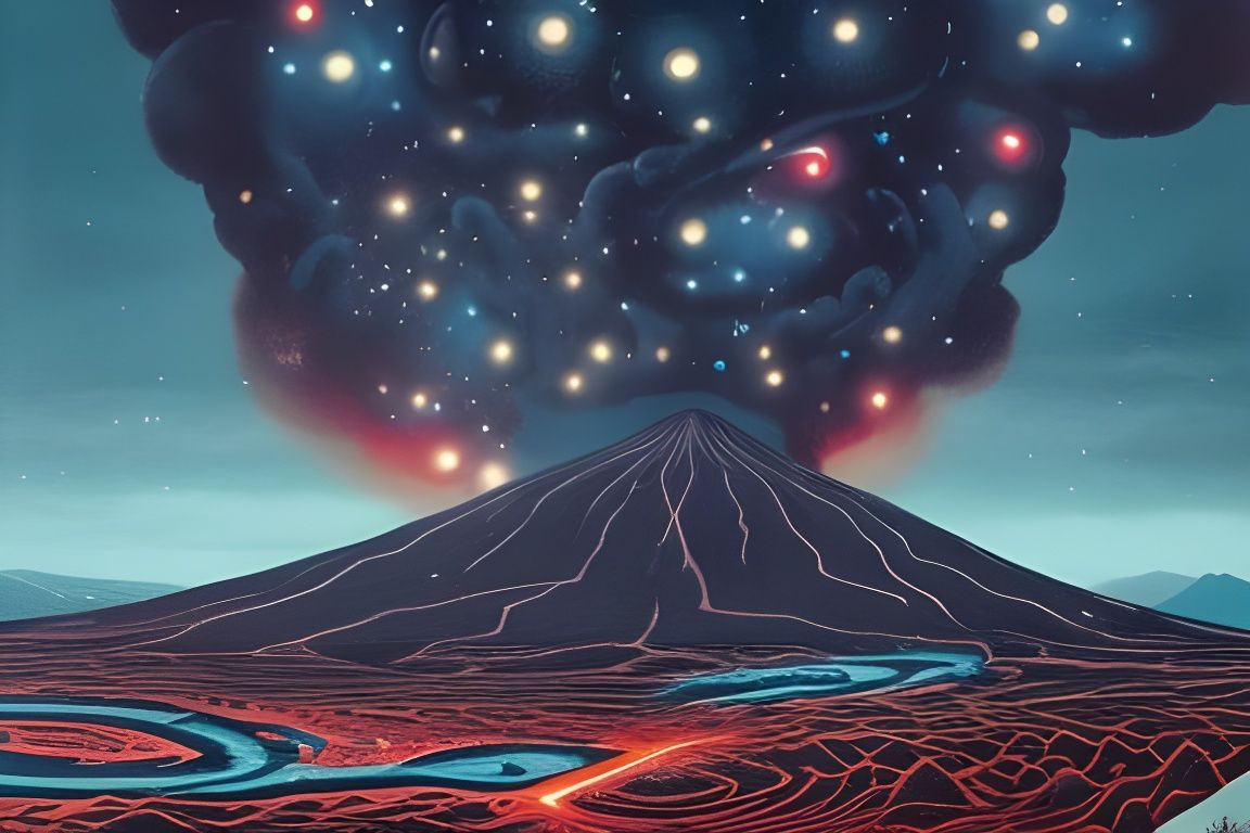 Volcanic Eruption Under Starry Sky in Folk Art Style