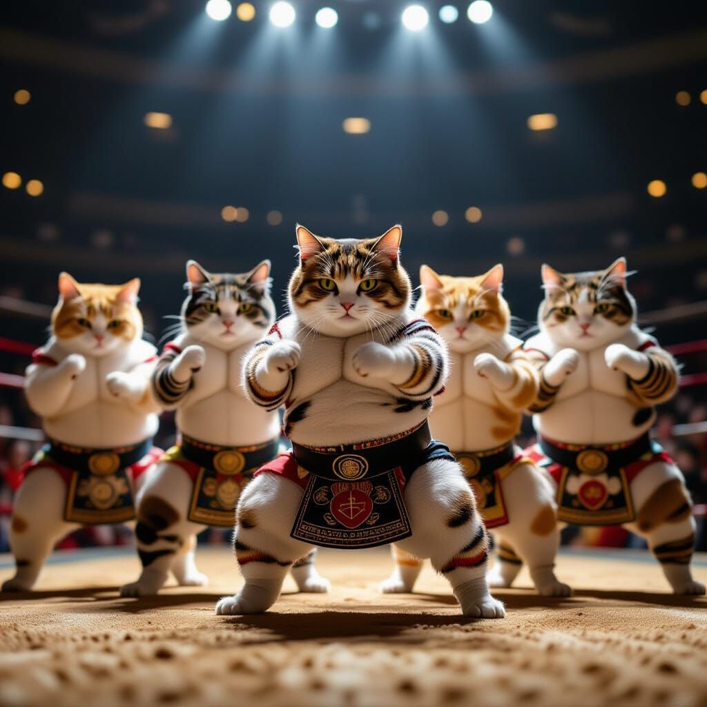 Seven Sumo Cats in Dynamic Sports Action Shot