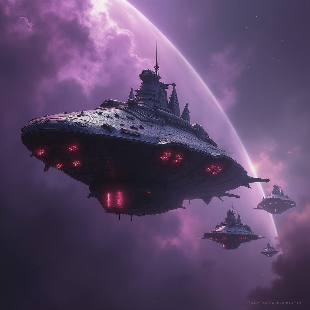 Ominous Dreadnaut Leads Armada Through Swirling Nebulae