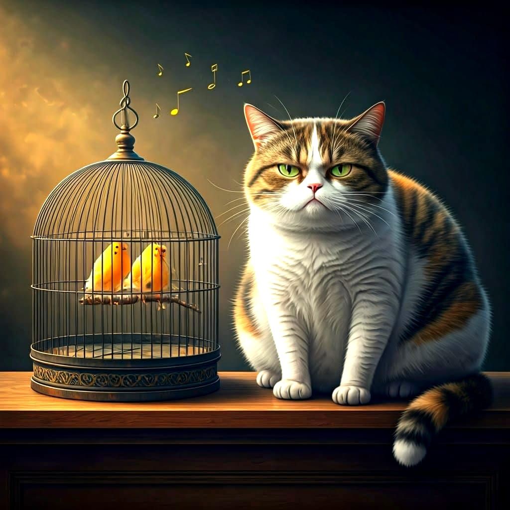 Epic Calico Cat Sees Joyful Canaries in a Bird Cage, Surroun...