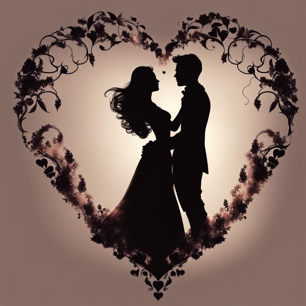 A beautiful couple silhouette filled with a candle light and heart shaped smoke tint formed at the top.