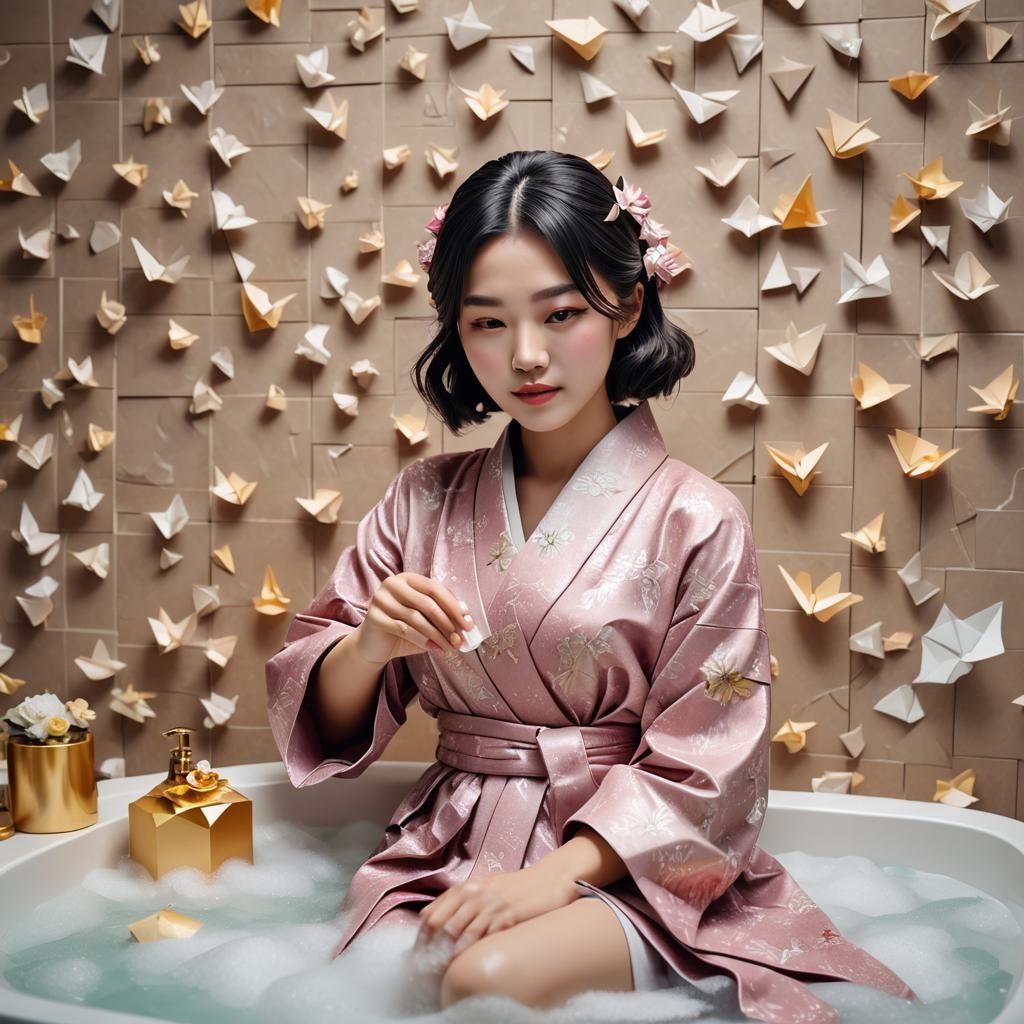 Korean Girl in Robe Enjoying Luxurious Papercraft Bath