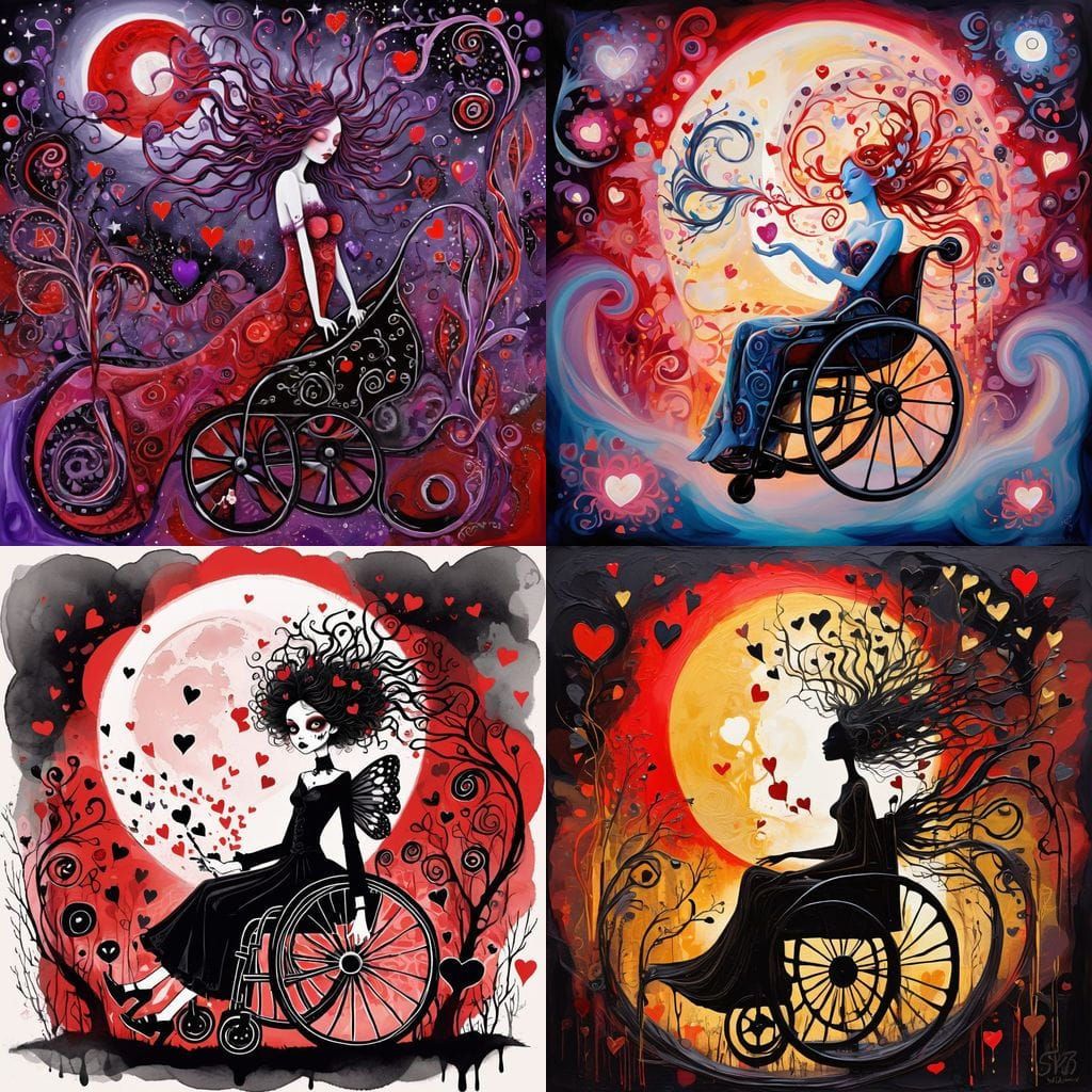 Fairies in Whimsical Wheelchair Scene Under Blood Moonlight