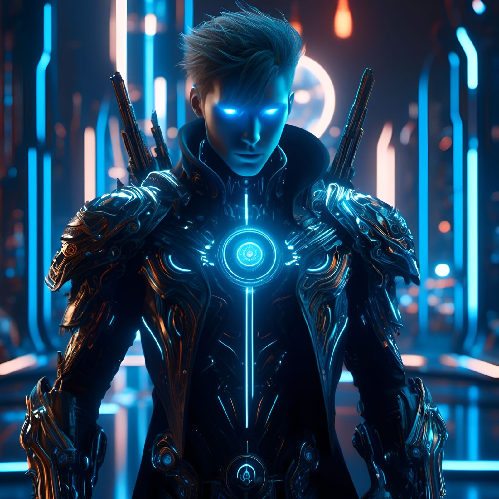 Glowing-Eyed Cyborg Shadow Mage in Game Art Style