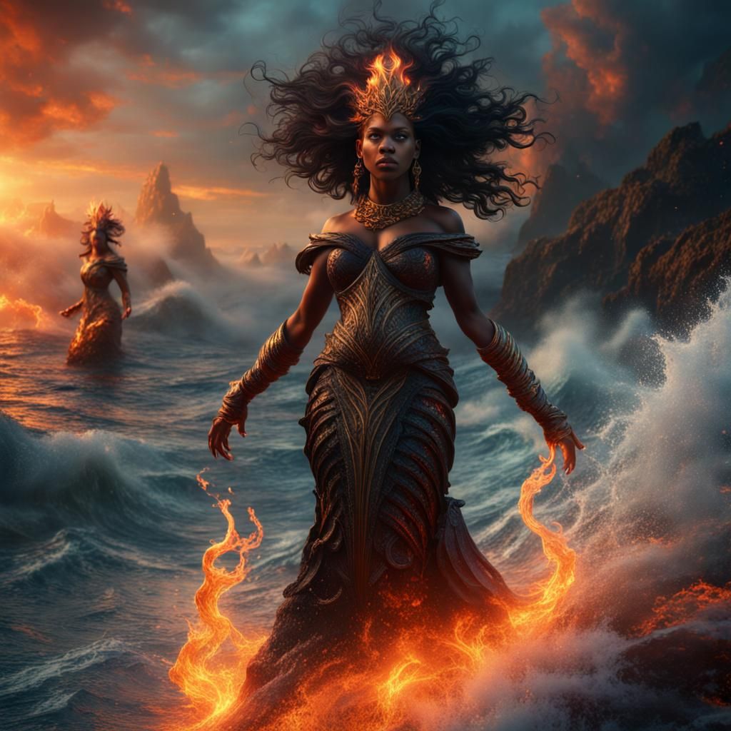 Hydrokinetic Goddess Emerges from Fiery Ocean: Digital Art