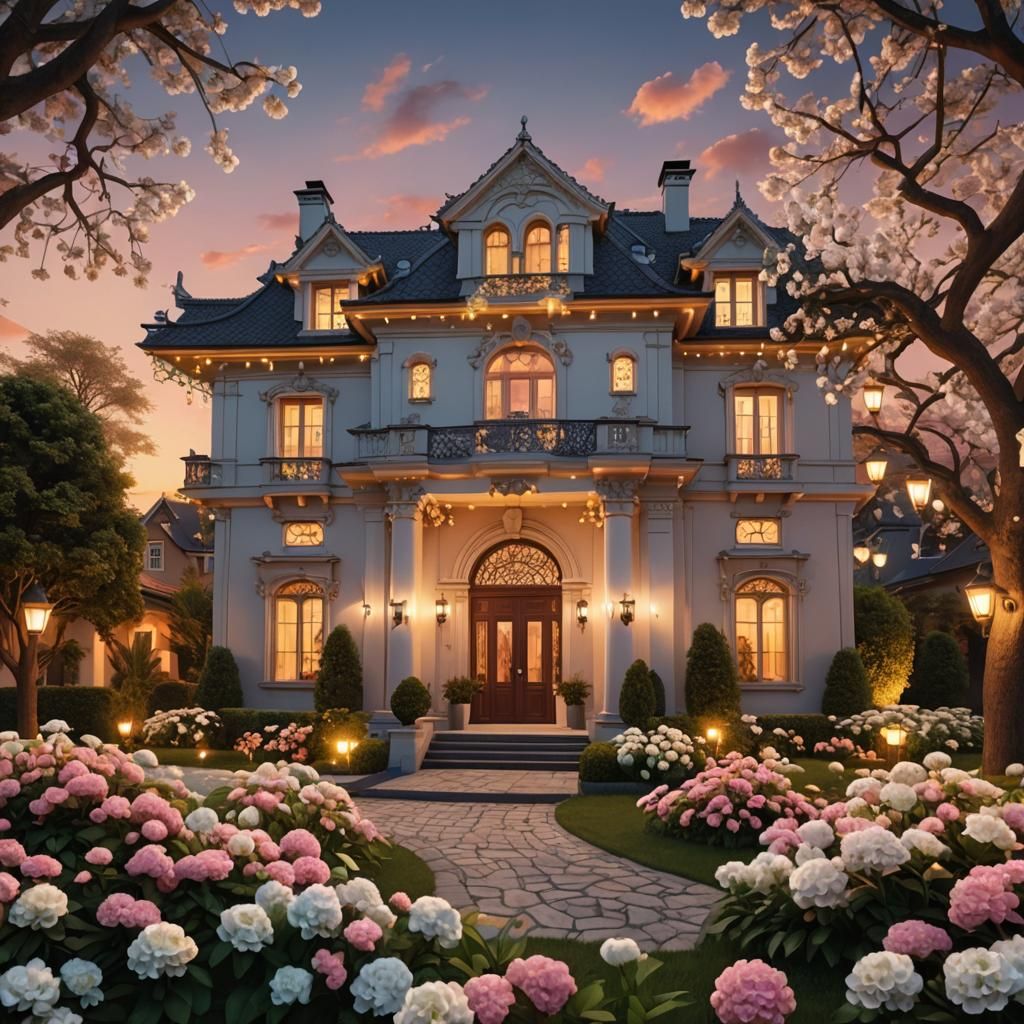 Grand Fantasy Mansion at Sunset: Digital Matte Painting