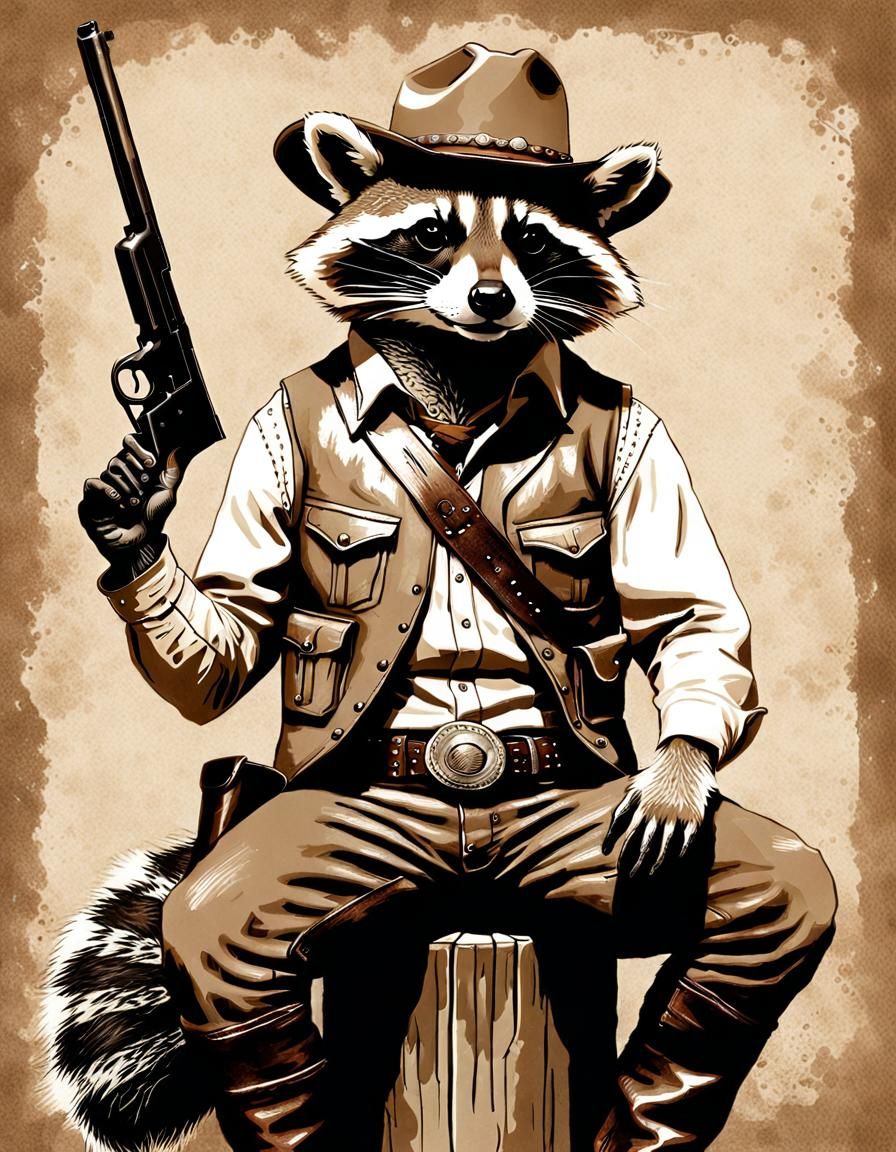 Cowboy Raccoon Sepia Art Illustration
