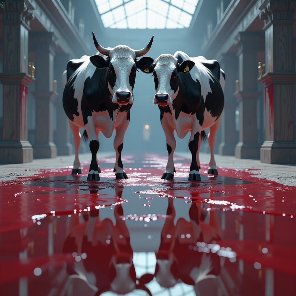 Aggressive Cow in Blood Reflecting Surreal Scene