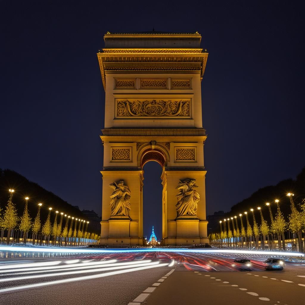 The Arc de Triomphe lit up at night
