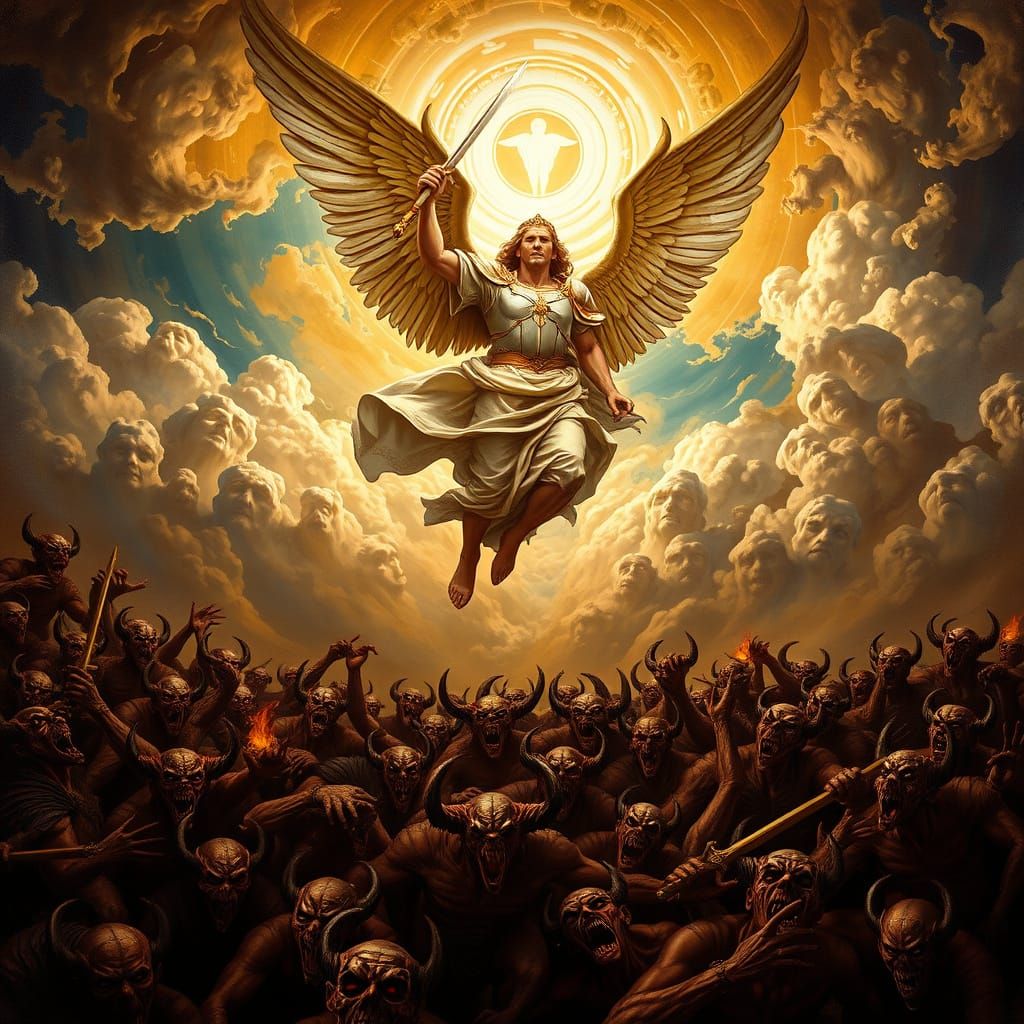 Archangel Descends to Battle Demons in Renaissance Style