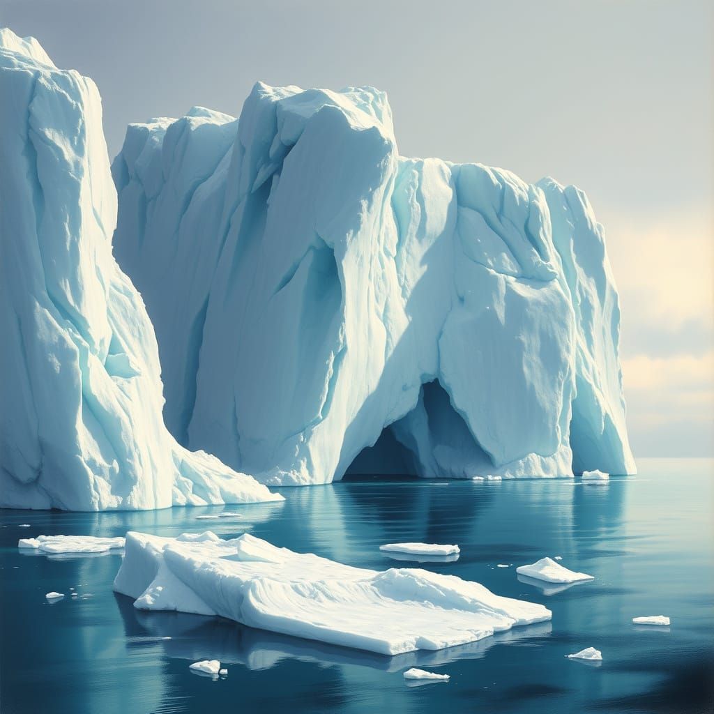 Frozen Icebergs on Turquoise Sea in Soft Brushstrokes Style