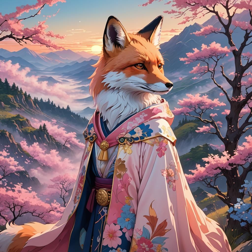 Ornate Anime Fox with Ethereal Flowers