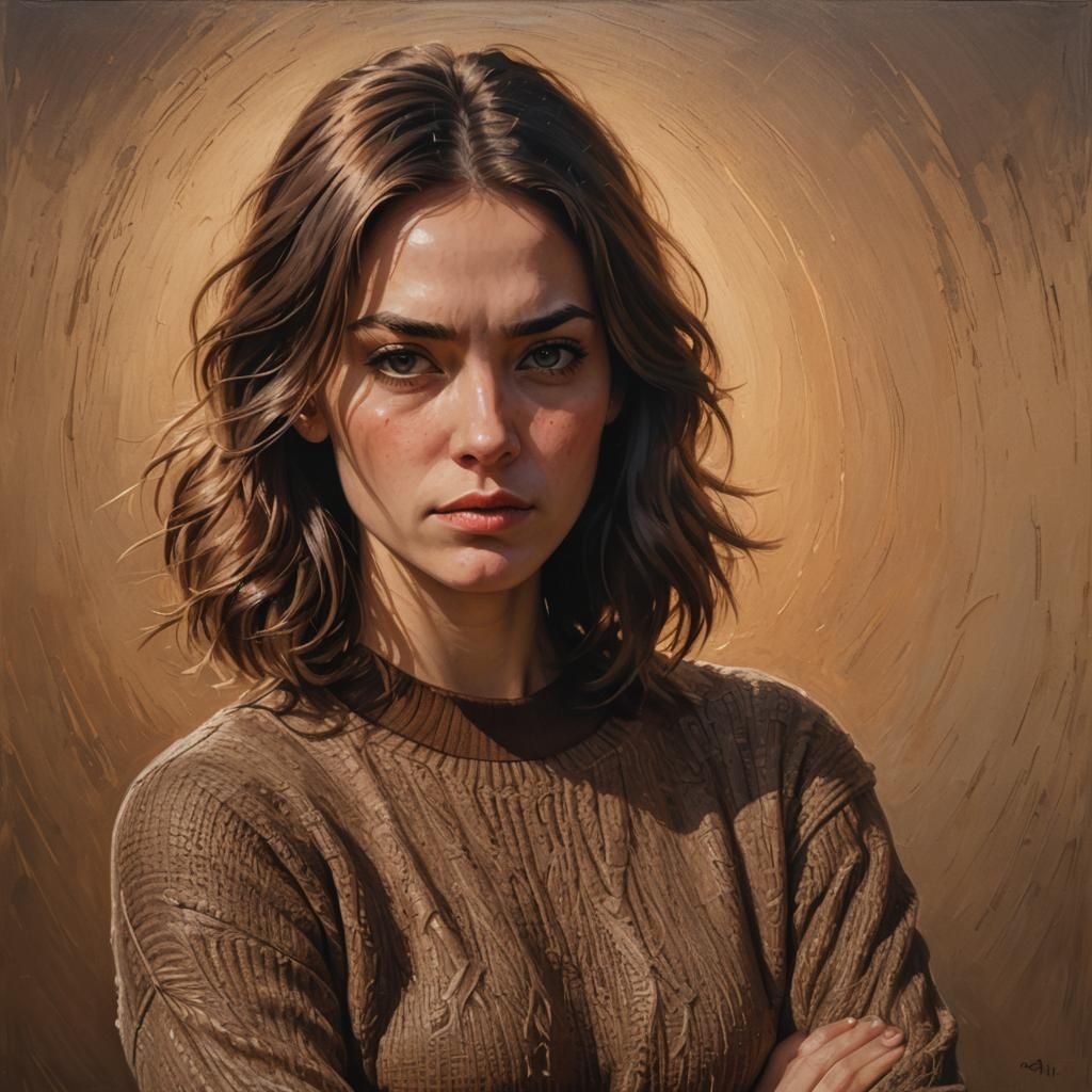 Angry Girl Portrait in Oil Painting Style