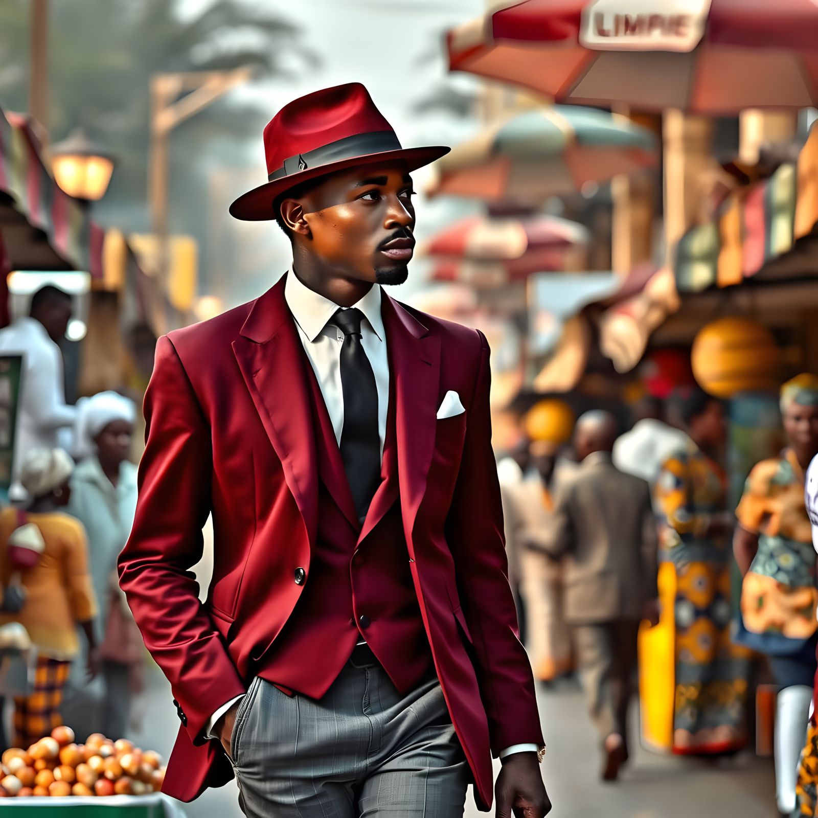 Stylish Man in Burgundy Suit Walking Through Market