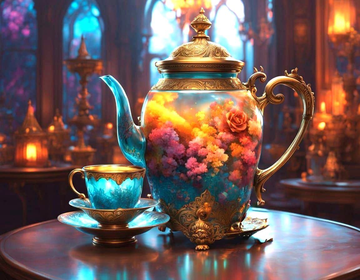 Golden Borderland Teapot and Cups in Intricate Illuminated F...