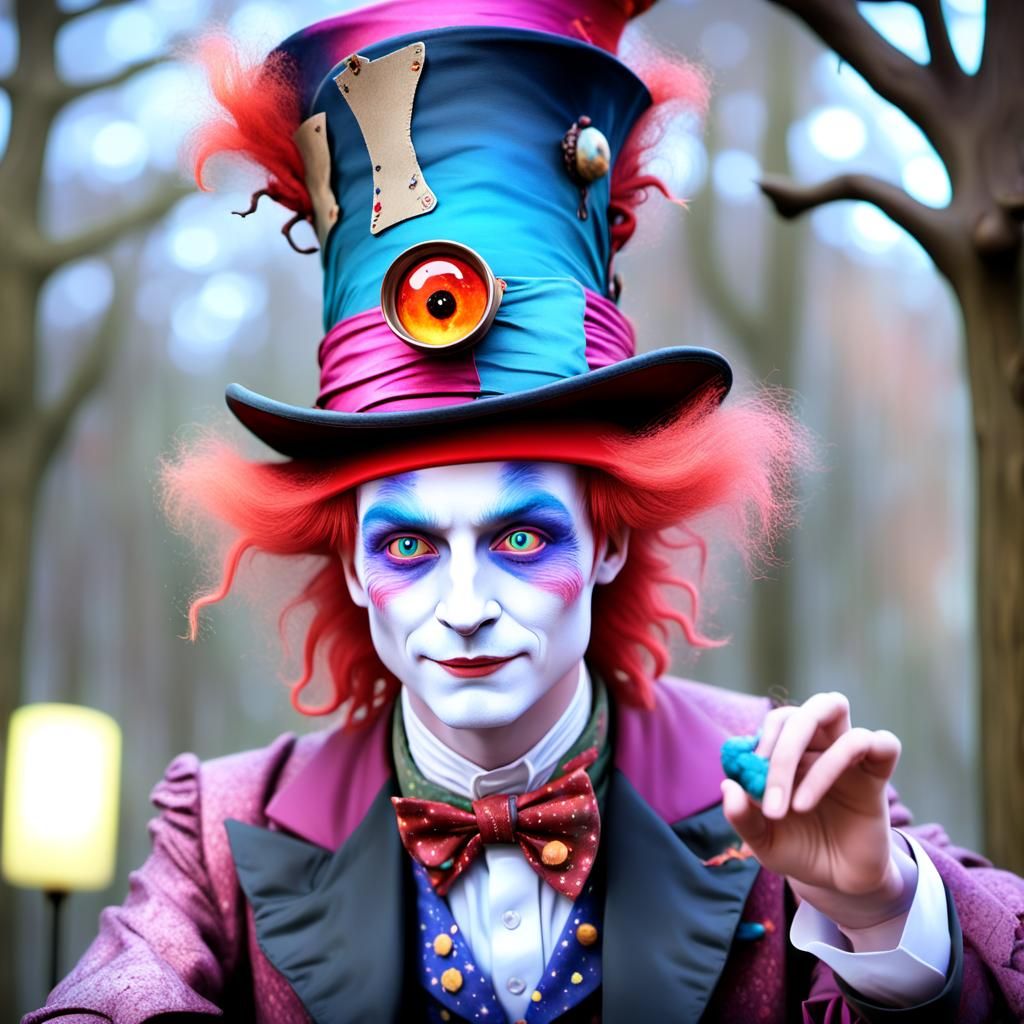 Mad Hatter in Psychic State Under Dark Forest Sky