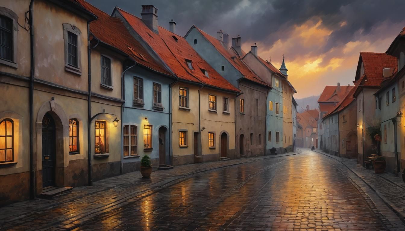 Autumn Sunset in Cesky Krumlov as Oil Painting