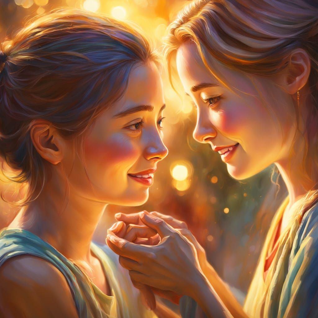 Warm-Toned Oil Painting of Kindness and Serenity