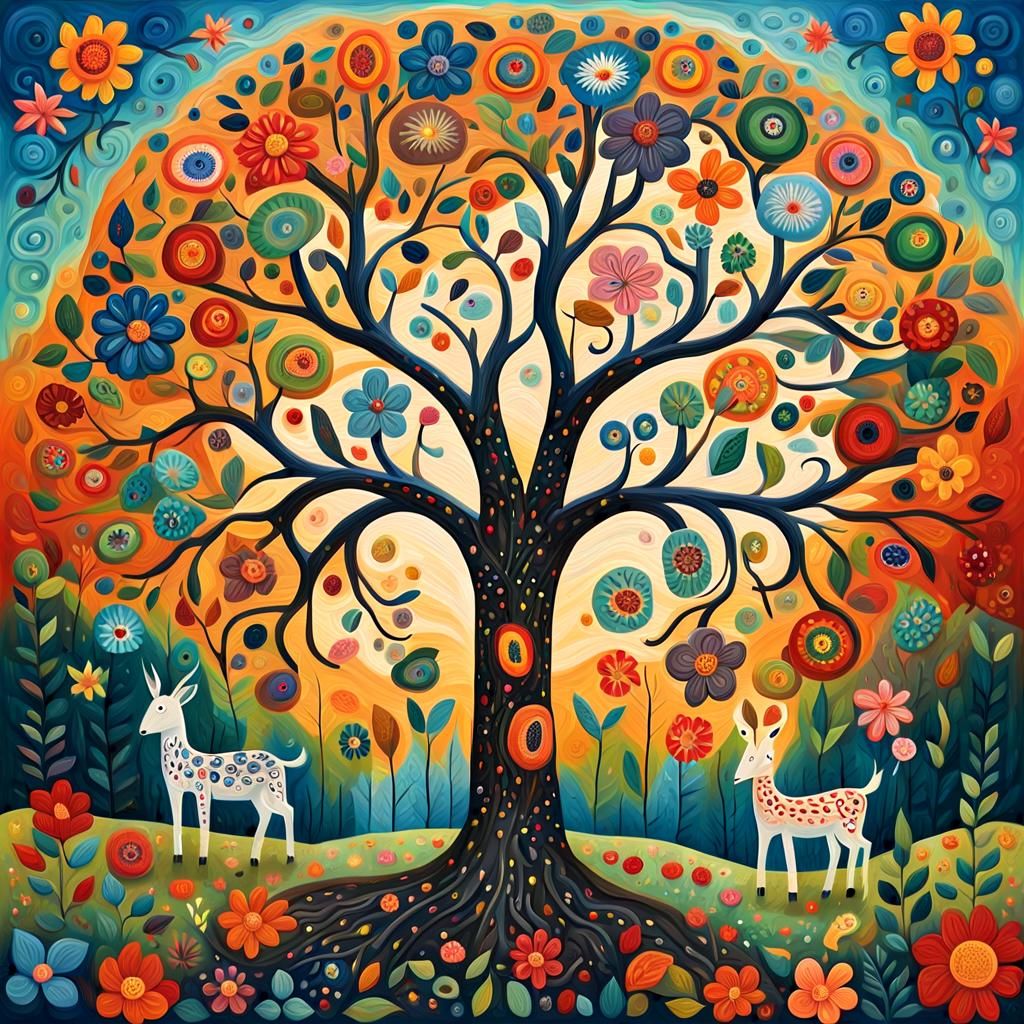Tree of Life in Naive Folk Art Style