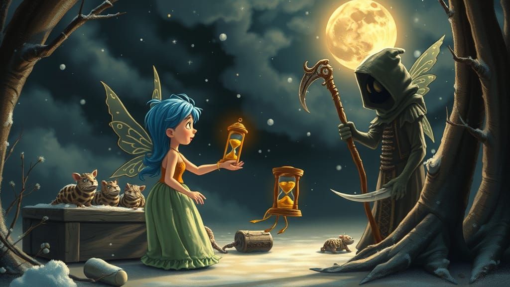 Fairy Offers Hourglass to Reaper in Moonlight