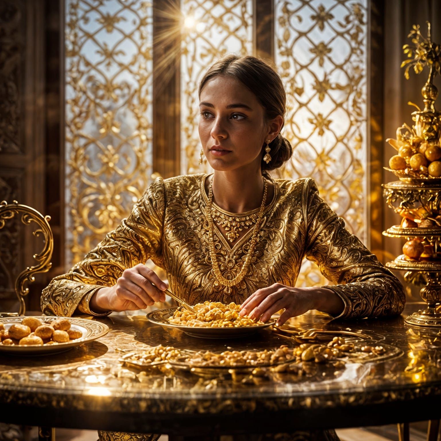Hyperrealistic Golden Feast with Woman