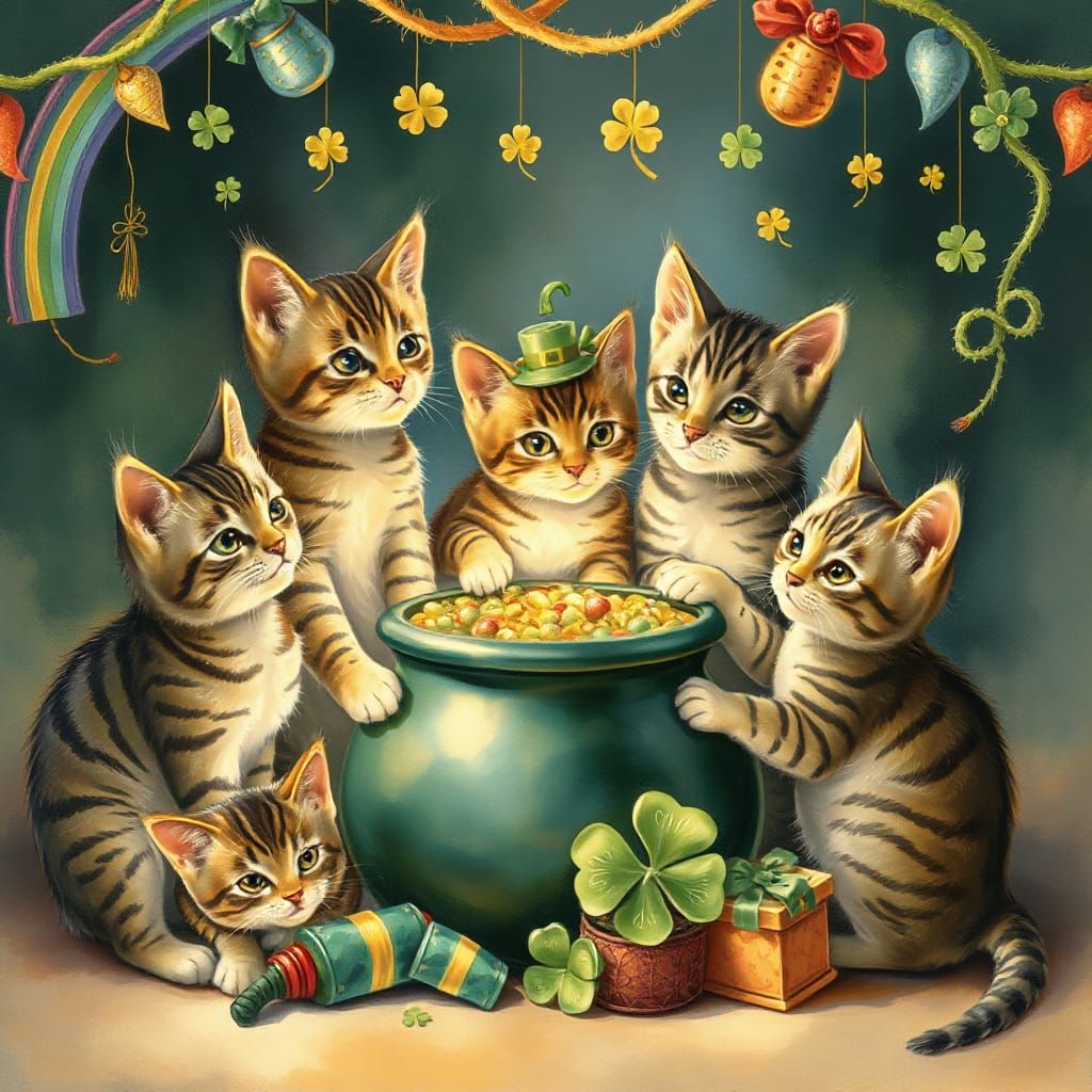 Whimsical Tabby Cats Celebrate St. Patrick's Day