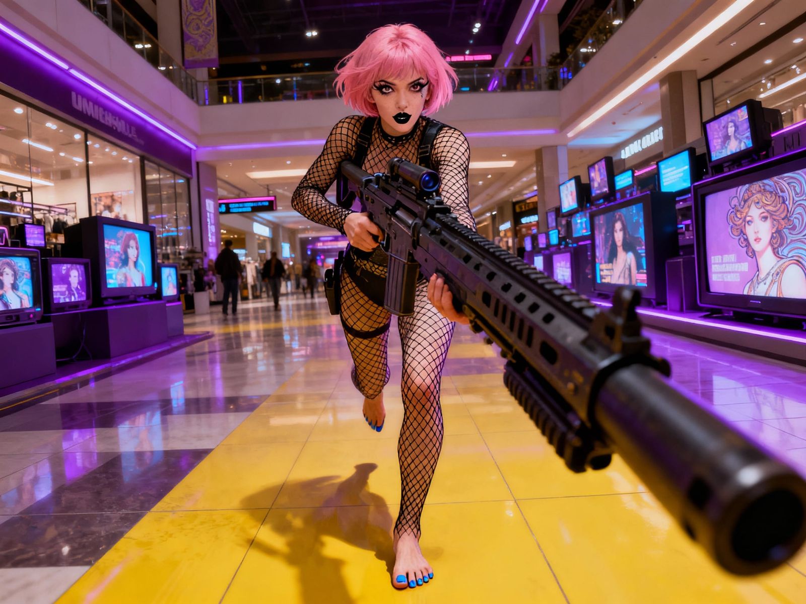 Cyberpunk Mall With Woman Holding Blaster Rifle
