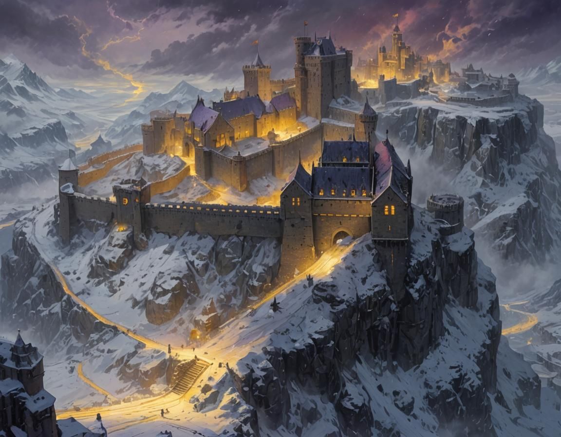 Imposing Castle in Snowy Landscape, Fantasy Art