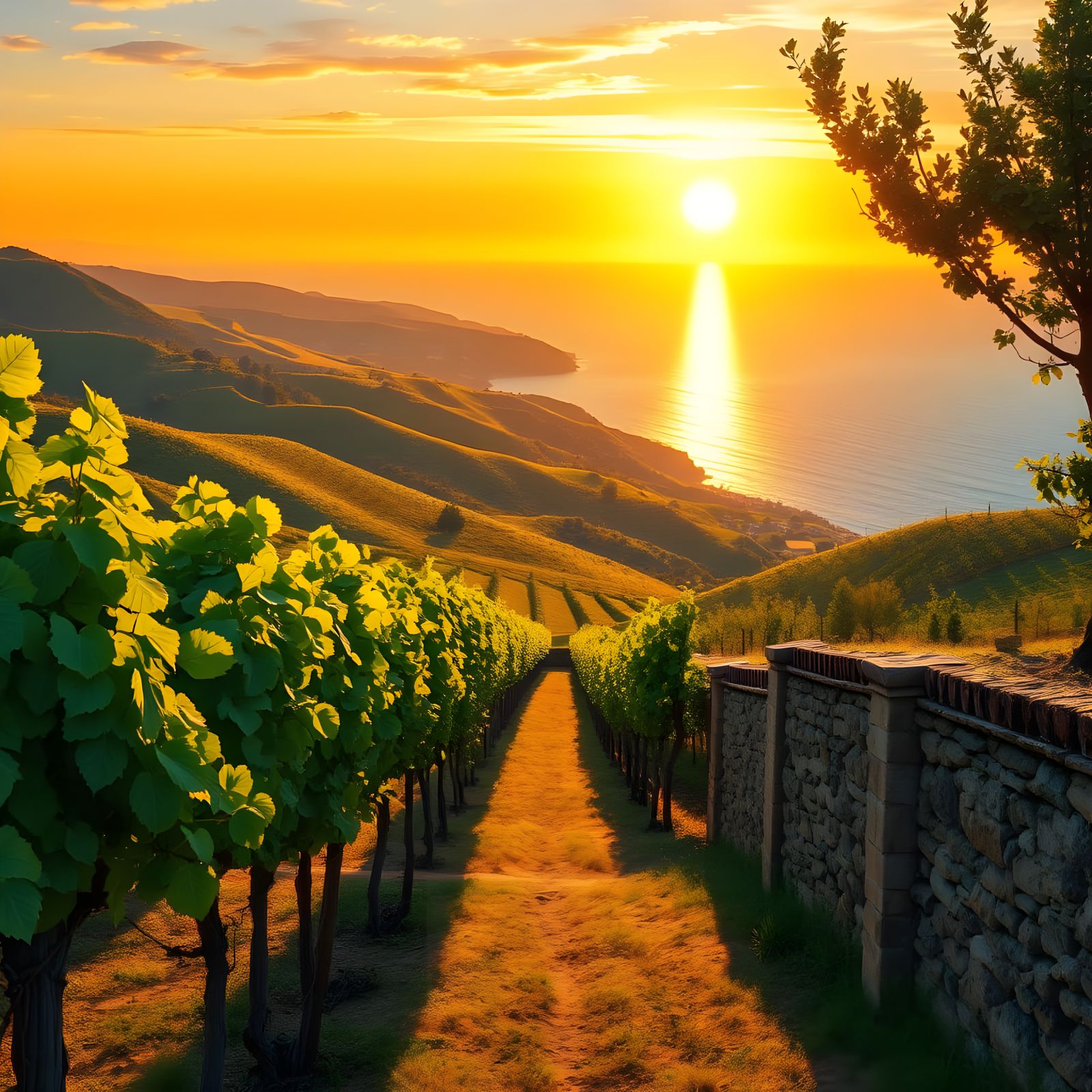 Golden Vineyard Sunrise on a Hillside Terrace