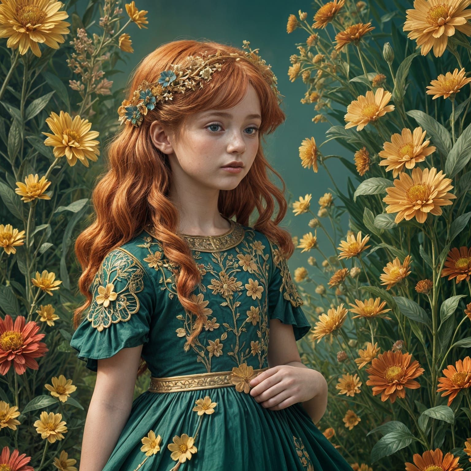 Red-Haired Girl in Floral Dress, Detailed Matte Painting