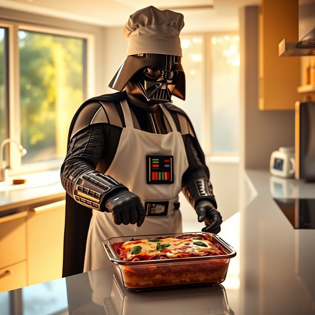 Darth Vader's Lasagna Masterpiece in Moody Lighting